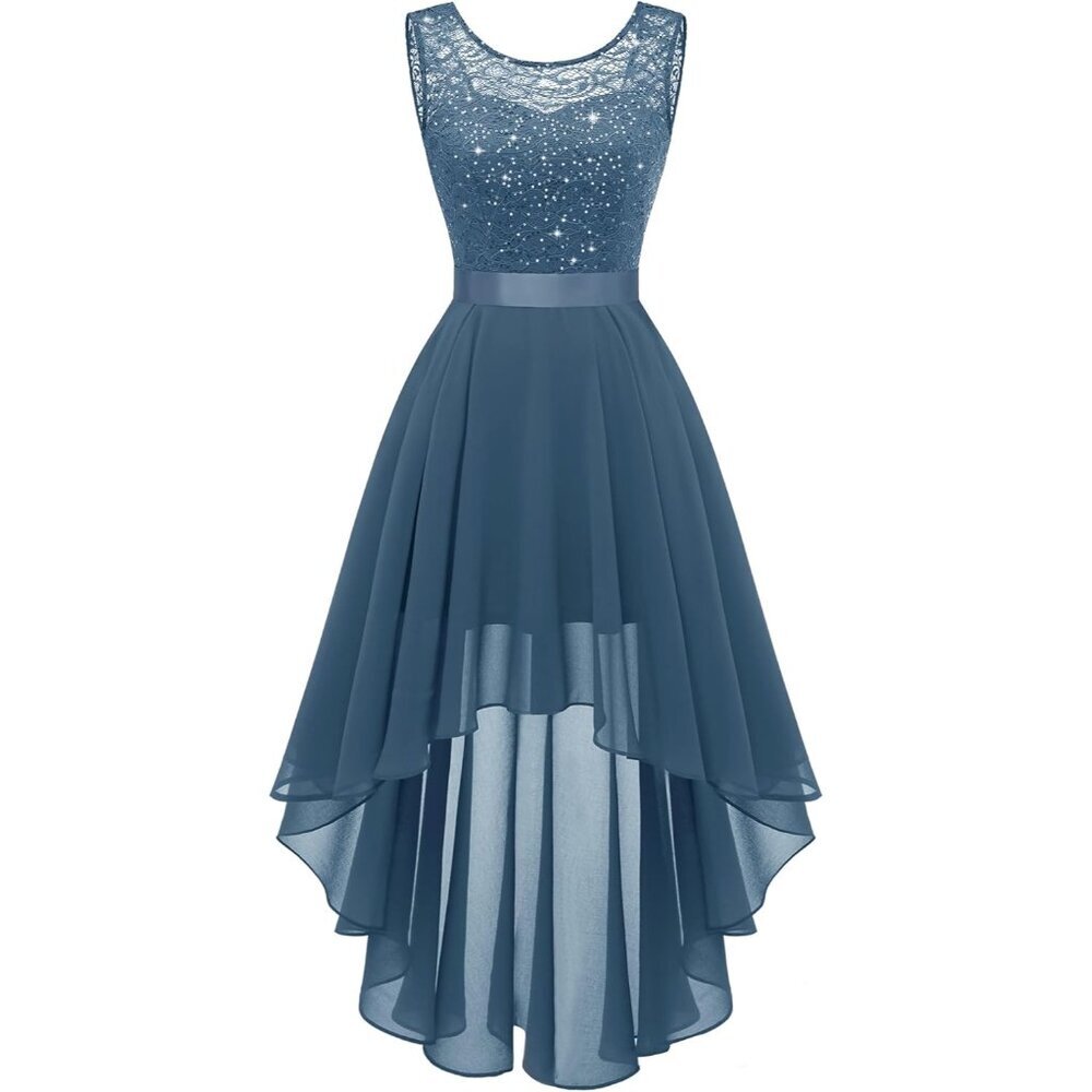 Berylove Women Grey Blue Chiffon Scoop Neck Sleeveless Lace Cocktail Dress